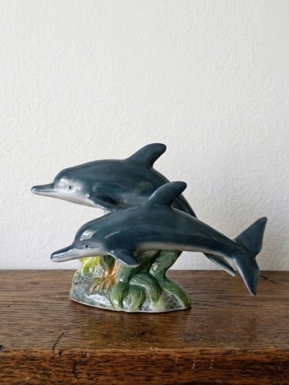 Vintage Glazed Ceramic Double Dolphin Figurine Statue 9" Beach Condo Coastal MCM